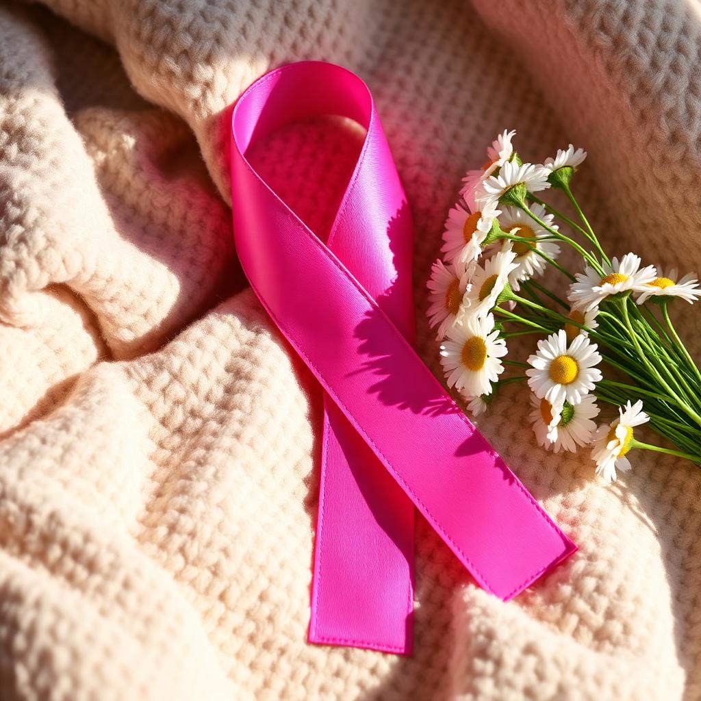 A pink cancer awareness ribbon beside white daisies