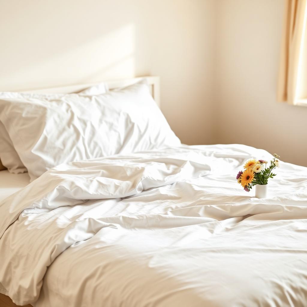 A neatly made bed with fresh flowers on a bedside table