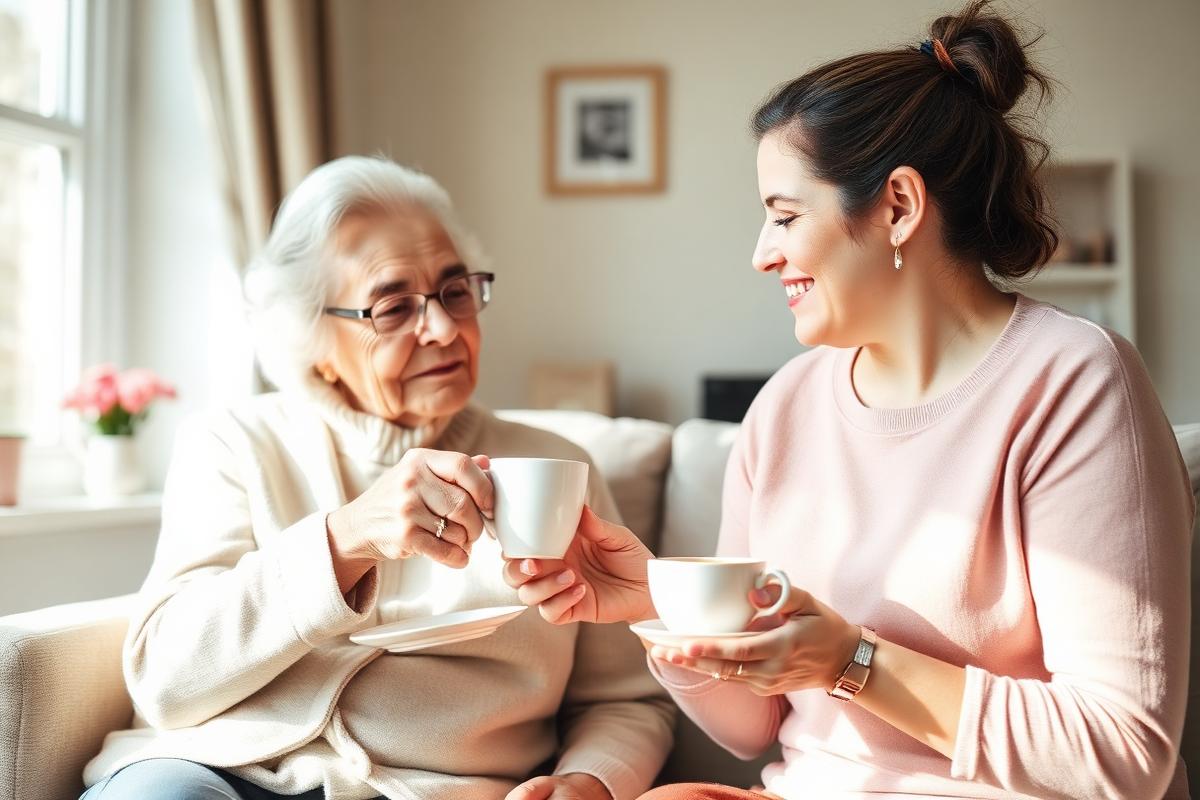 An older woman and a younger carer sharing a cup of tea together