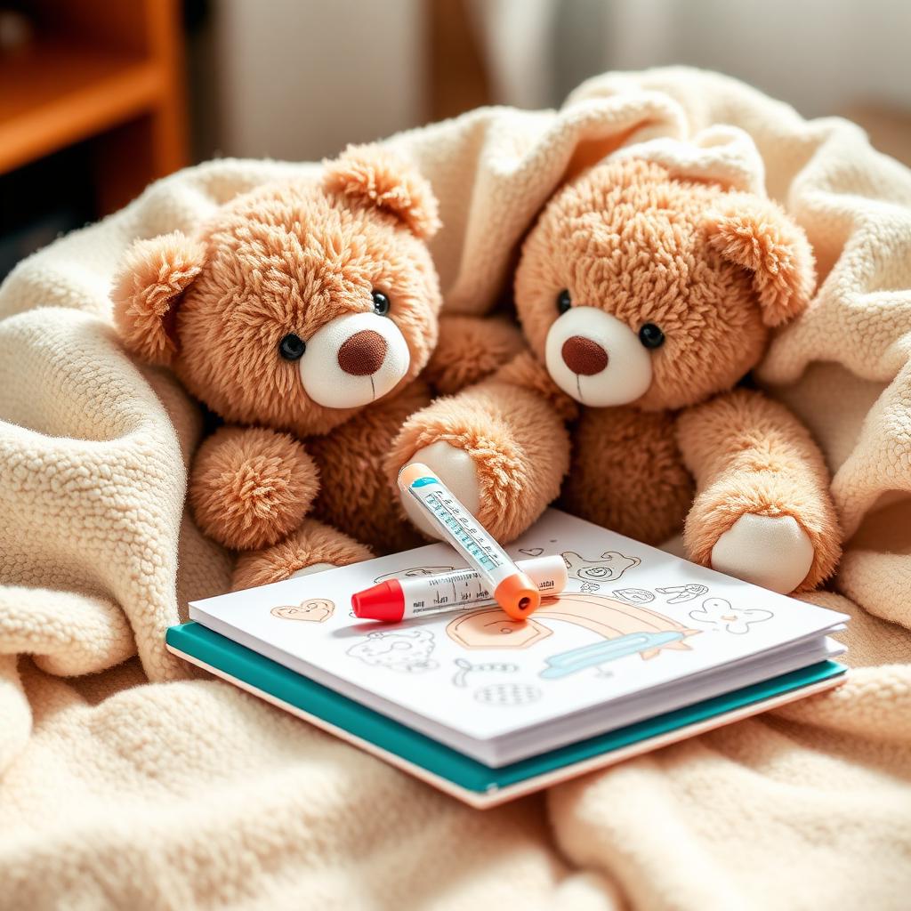 Teddy bears, a thermometer and a colouring book on a blanket