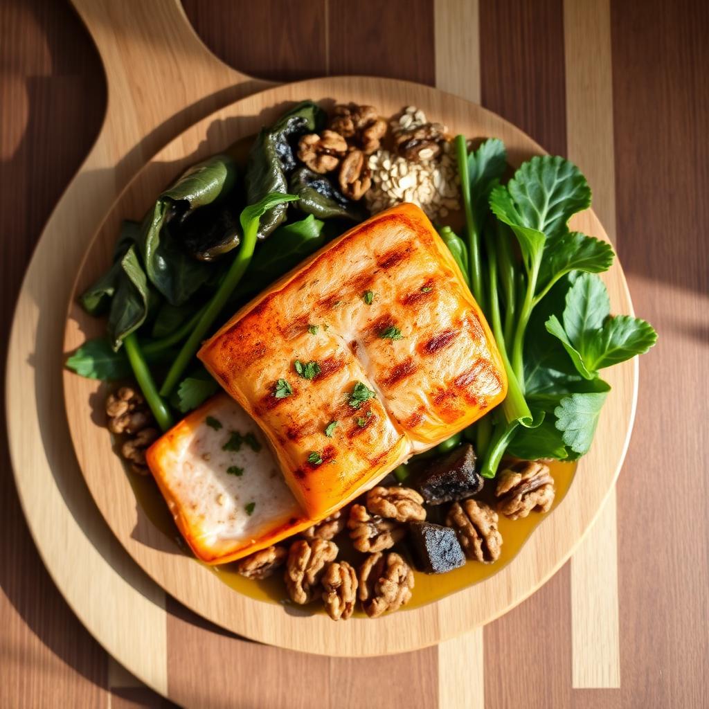 Grilled salmon, greens, walnuts and oats on a wooden board