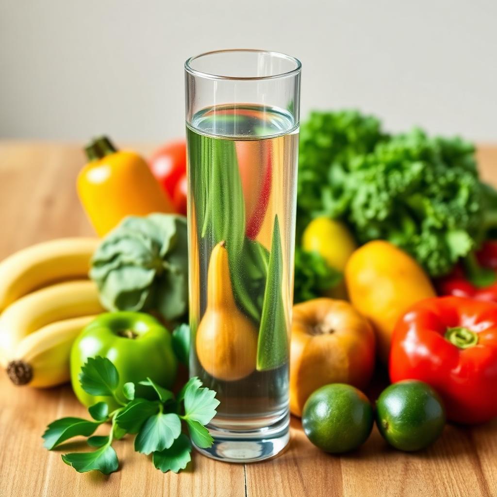 A glass of water surrounded by fresh fruits and vegetables