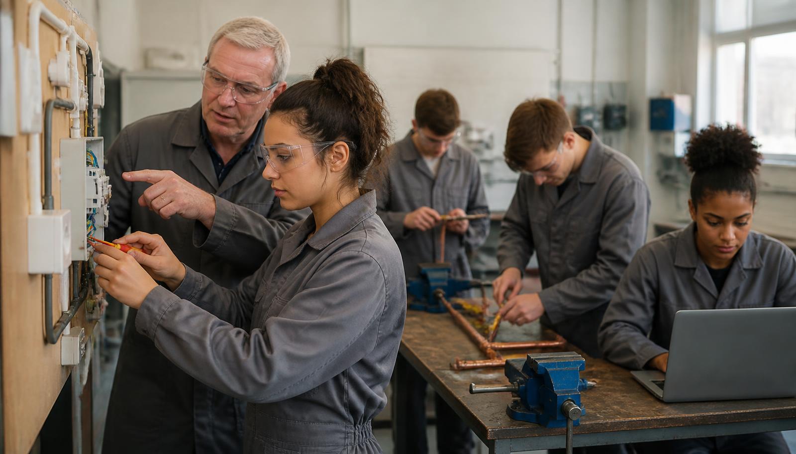 Young people in plain overalls and safety glasses receiving practical training in a college workshop: one wiring an electrical training board with a tutor, others working on copper pipework and at a laptop.