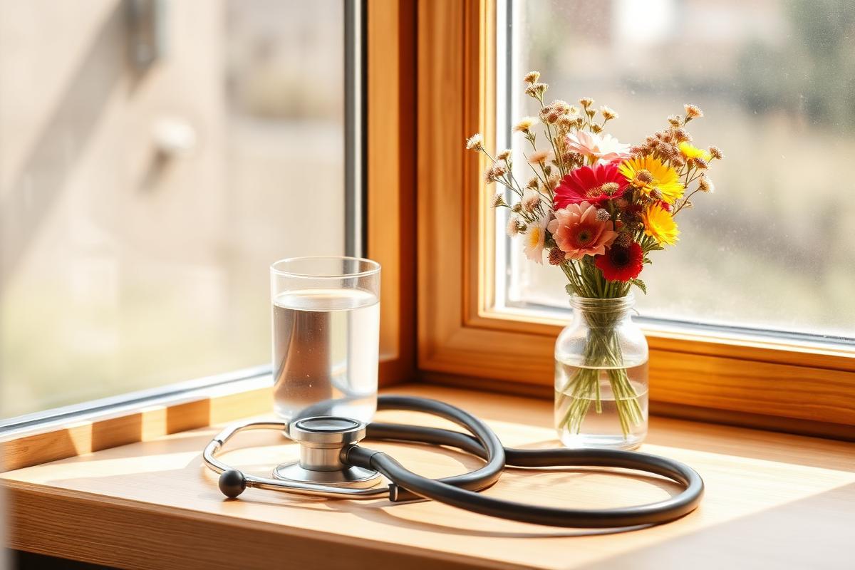 A stethoscope and a small vase of wildflowers on a sunlit windowsill