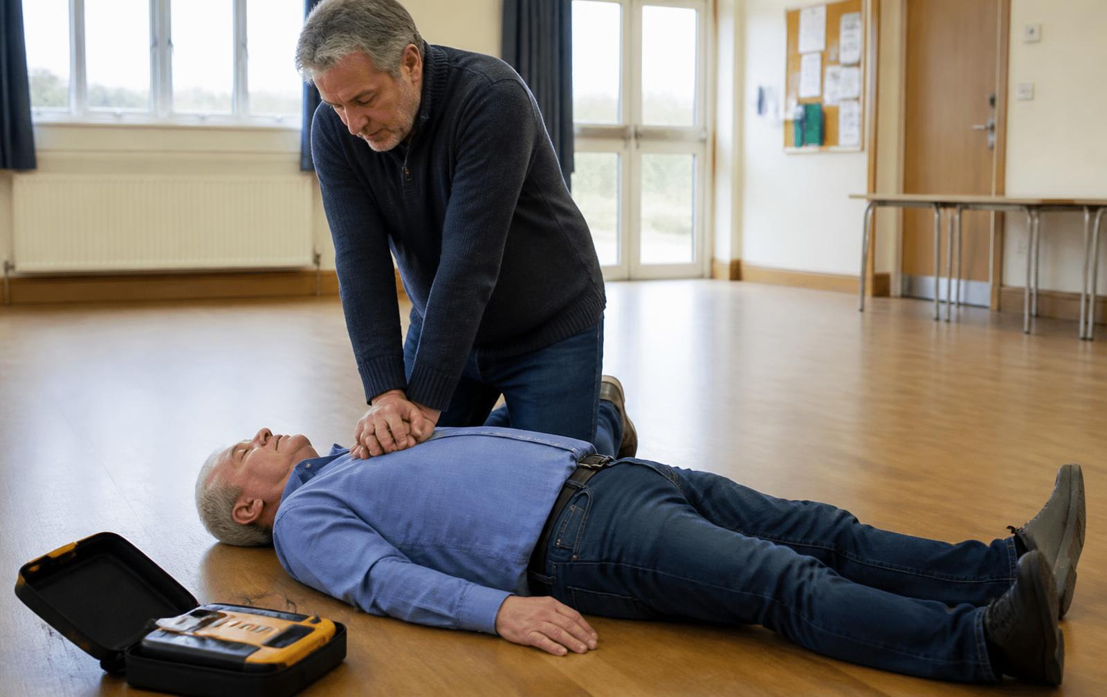 A person performing CPR while a public-access defibrillator is nearby.