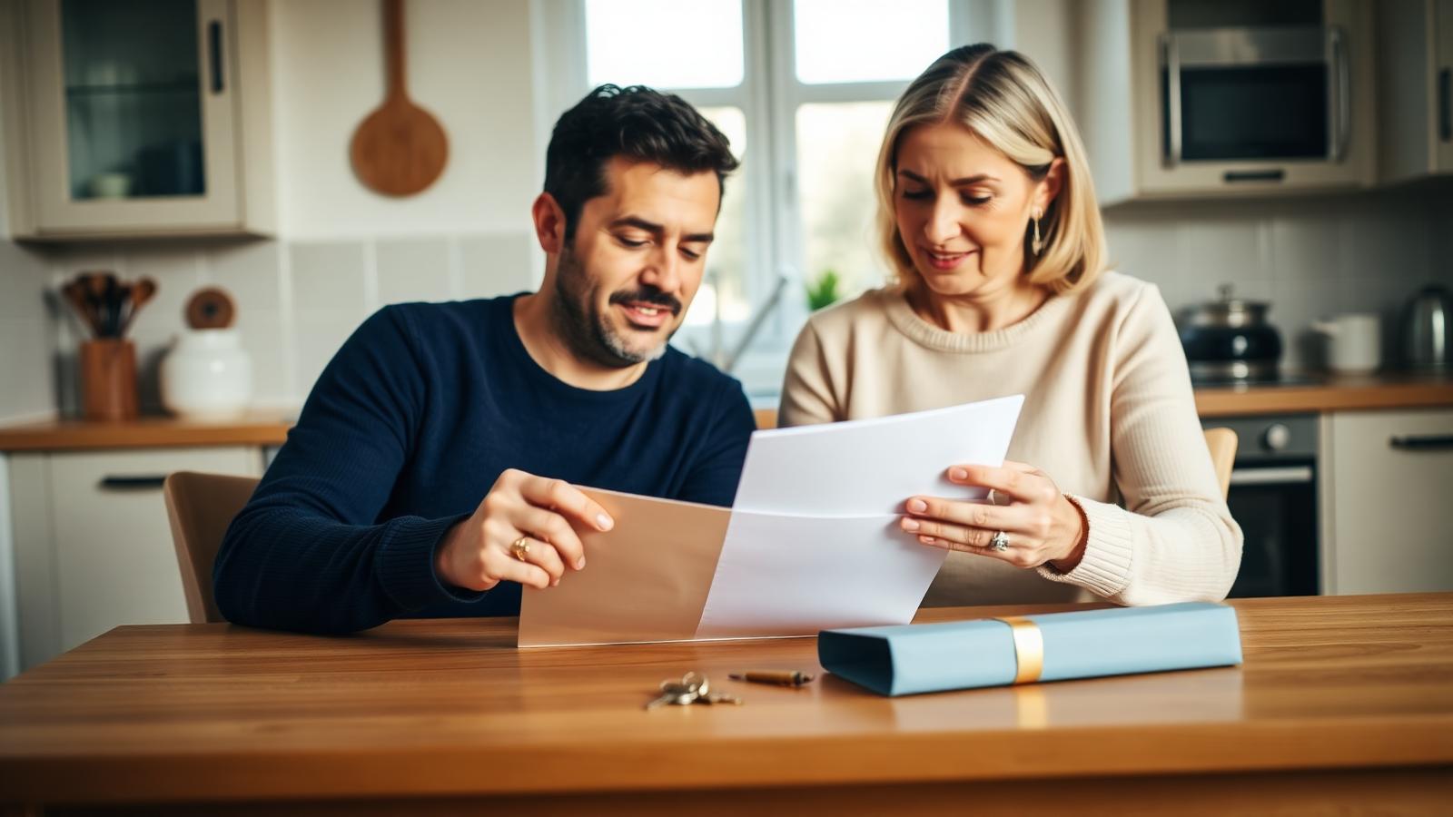 Two people reviewing a property agreement together at a table with a set of house keys.