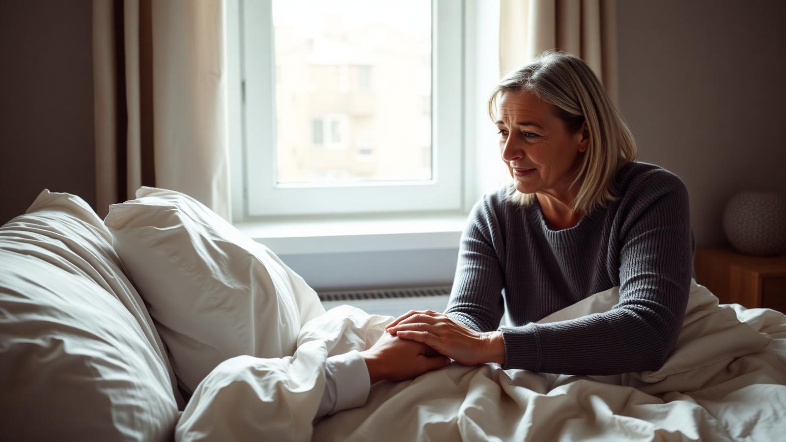 A middle-aged relative sitting calmly beside an unwell family member holding their hand