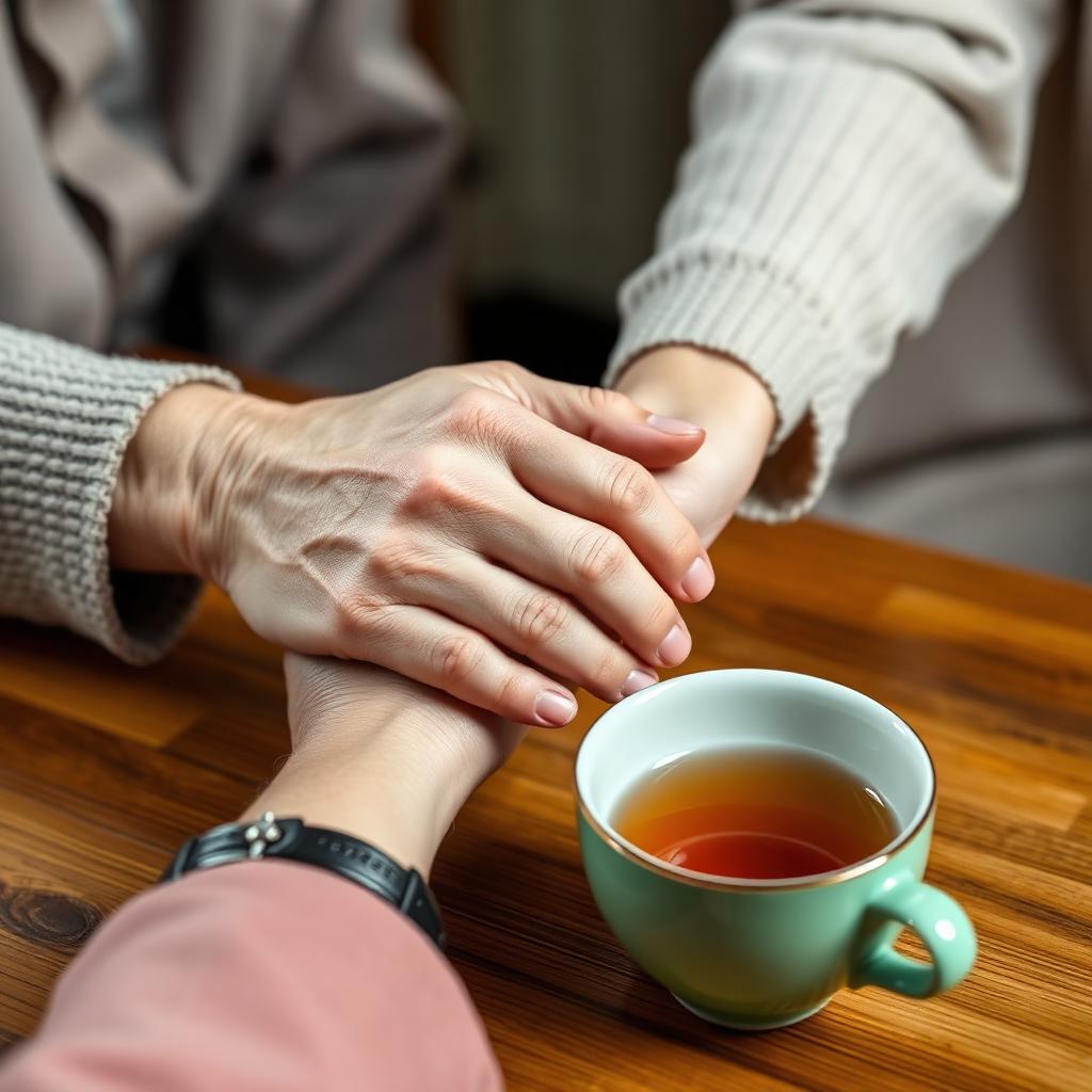 An elderly hand gently held by a younger hand across a table
