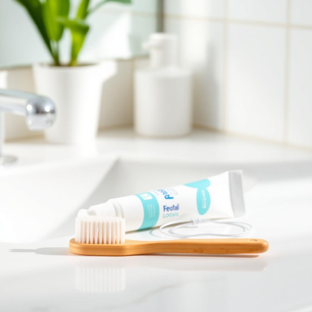 A bamboo toothbrush, toothpaste and floss on a clean bathroom counter