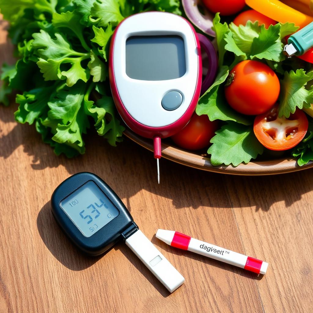 A blood glucose monitor and lancet beside a fresh salad