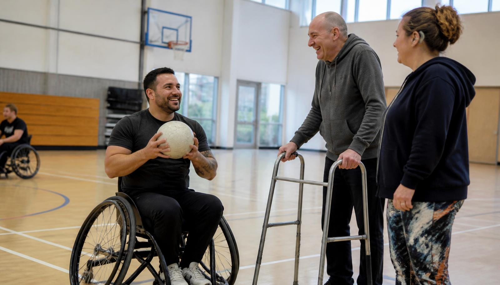 Three adults talking in a bright community sports hall. One is a wheelchair user holding a ball, one is standing using a walking frame, and one is standing beside them.