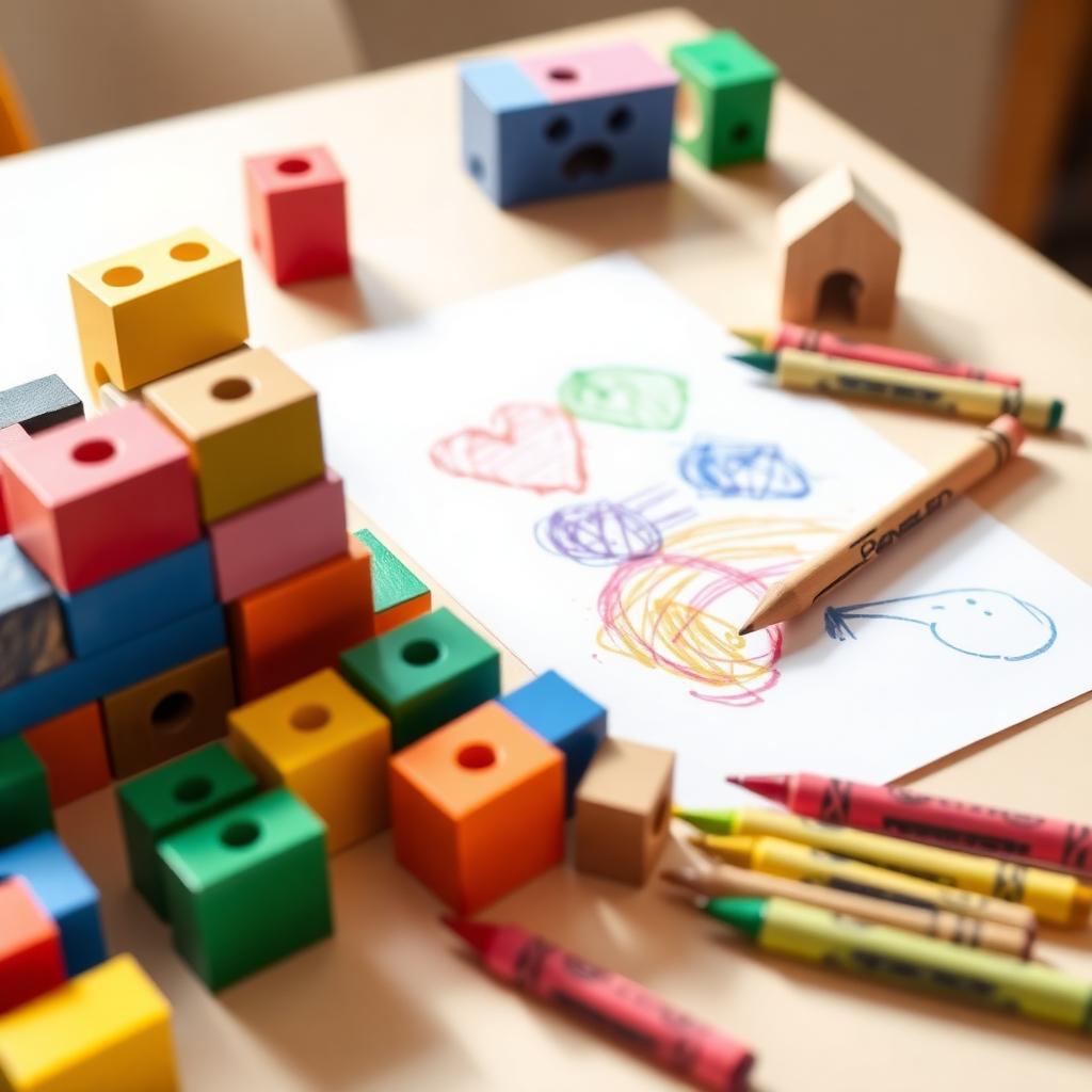 Colourful wooden blocks and children's crayon drawings