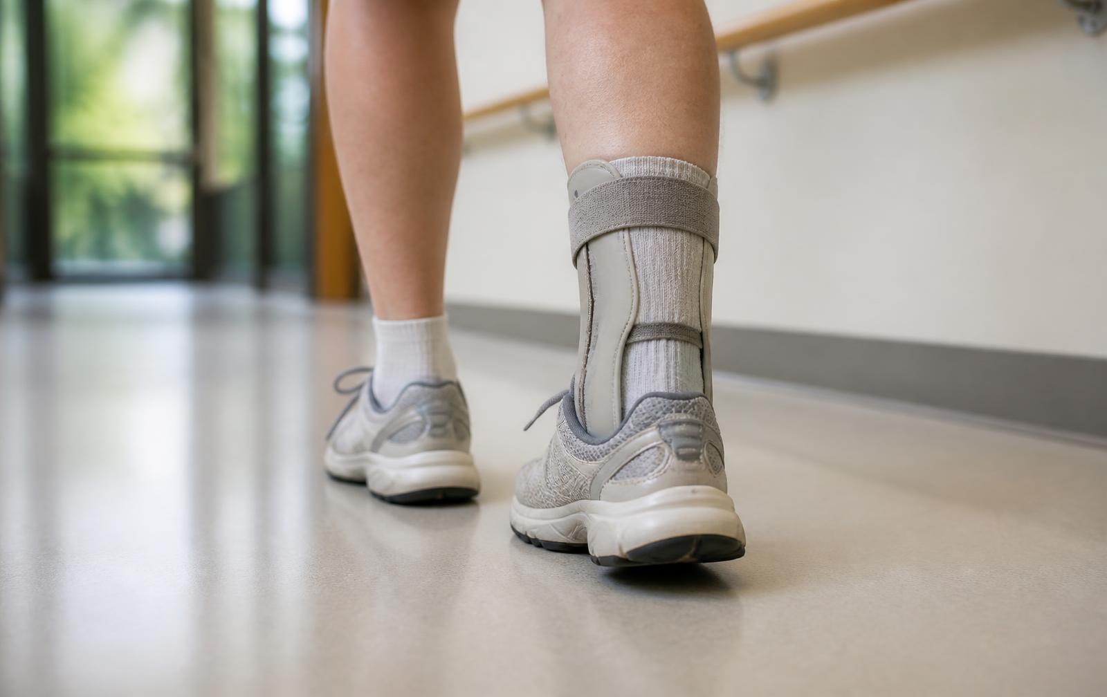 Close-up view from behind of a person walking along a bright indoor corridor beside a wall-mounted handrail, wearing supportive lace-up trainers with a plain fabric-and-plastic ankle-foot support brace on one ankle.