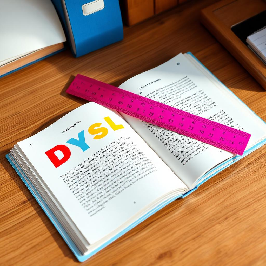 An open book with a coloured overlay ruler on a wooden desk