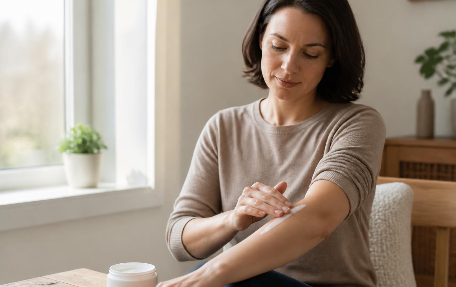 A woman sitting by a window at home, gently applying moisturising cream to her forearm.