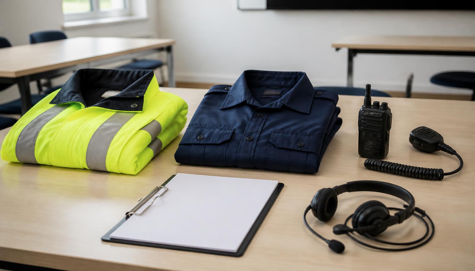 A high-visibility jacket, a folded navy uniform shirt, a two-way radio, a blank clipboard and a headset laid out on a table in a bright, empty training room.