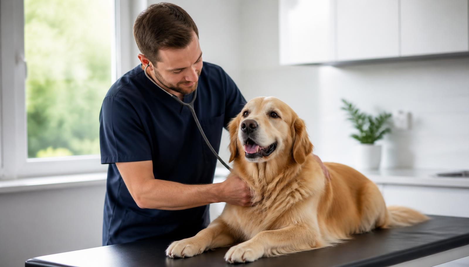 A veterinary professional in plain navy scrubs listening to the chest of a calm, healthy golden retriever lying on an examination table in a bright consulting room.