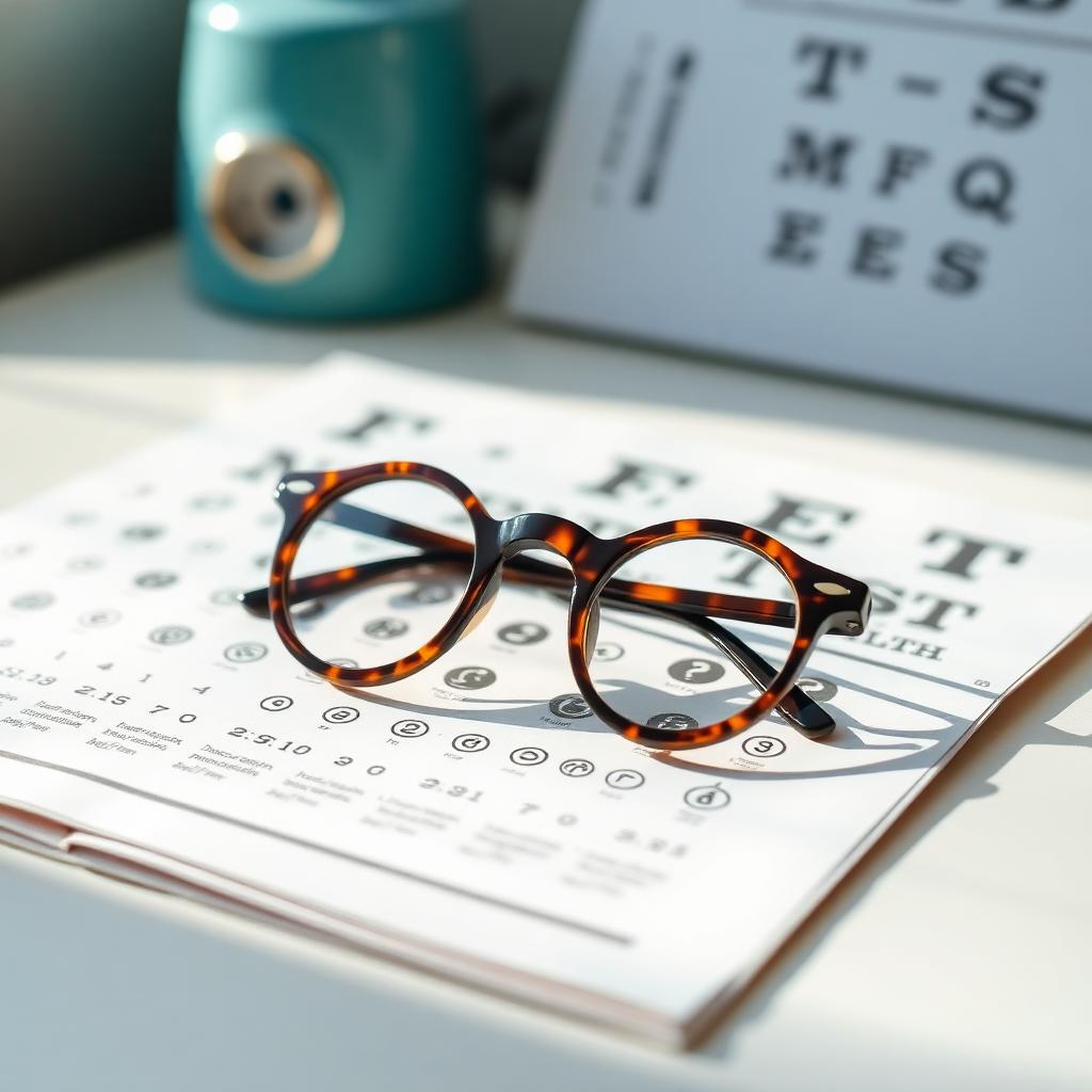 Tortoiseshell reading glasses resting on a sight-test chart