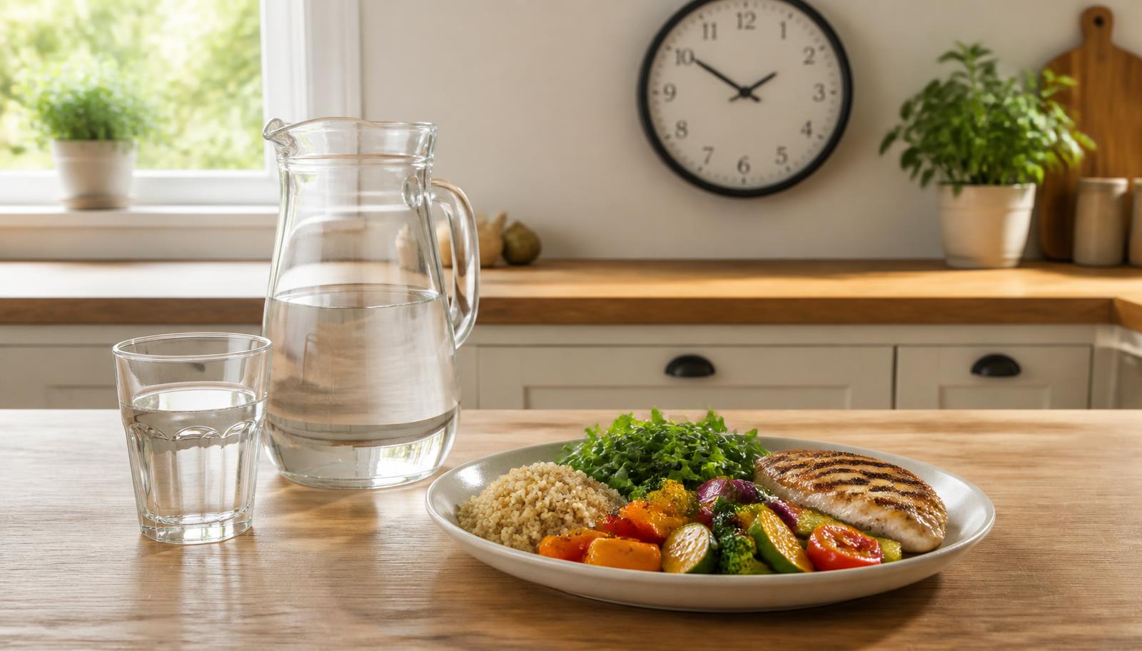 A bright, ordinary home kitchen in natural daylight: a plain wall clock, a glass jug and glass of water on a wooden worktop, and a plate holding roasted vegetables, salad leaves, wholegrains and a simple grilled protein.