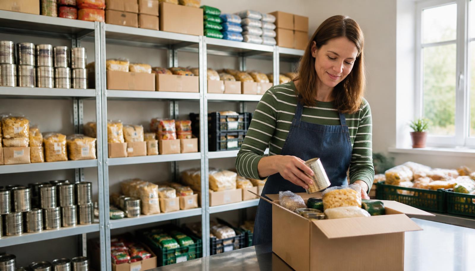 A bright, tidy community food-support room with metal shelves of tinned food, pasta and rice, and a volunteer in an apron calmly packing everyday groceries into a cardboard box.