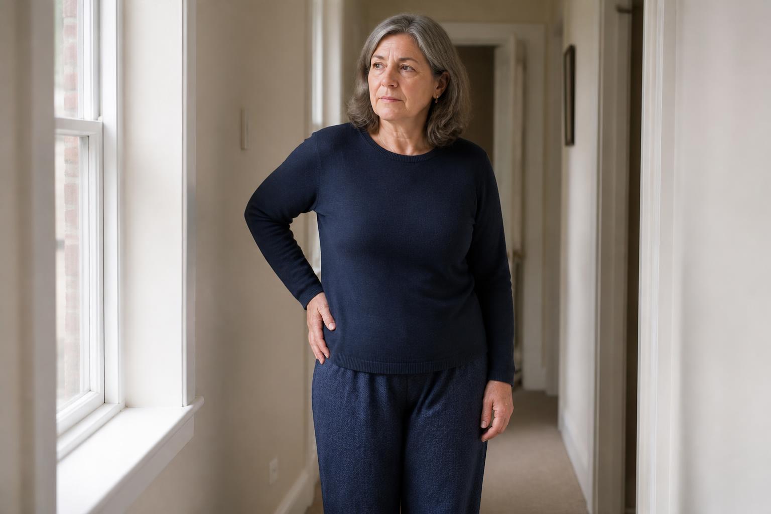 A fully clothed woman in her fifties standing in a hallway, resting one hand on the outside of her hip.