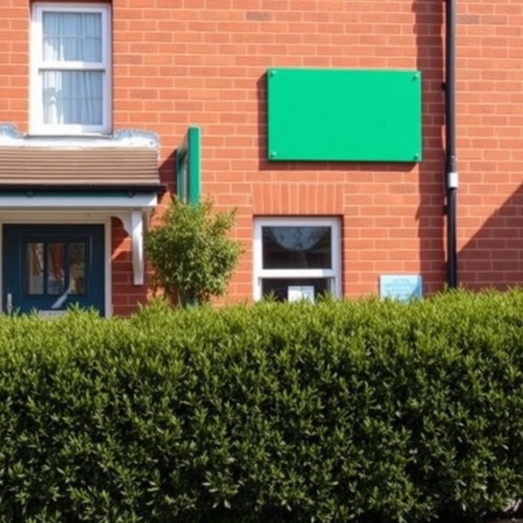 Exterior of a British GP surgery with a hedge and sign board
