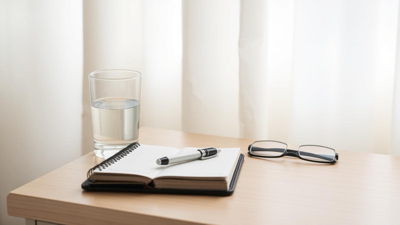 A glass of water, a small notebook with a pen, and reading glasses on a light wooden table in soft daylight