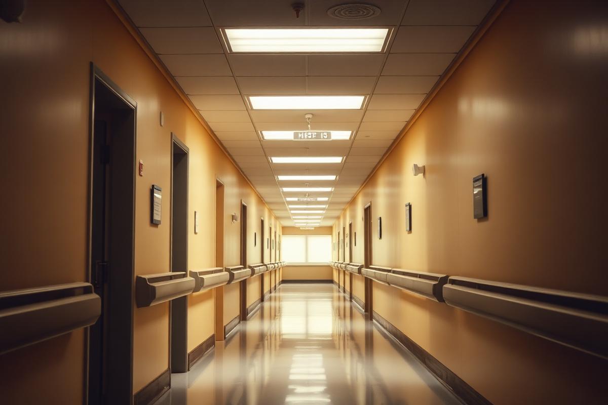 Softly lit hospital corridor