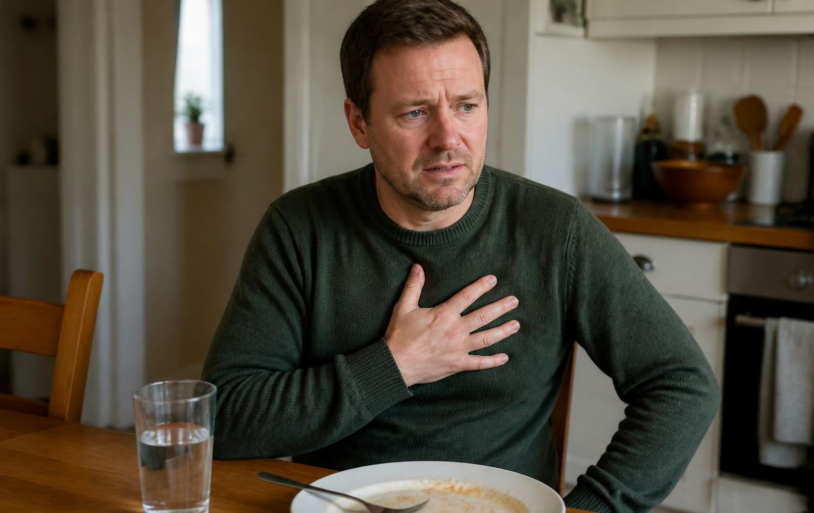 A man in his forties sitting at a kitchen table after a meal, resting a hand on the centre of his chest and looking mildly uncomfortable.