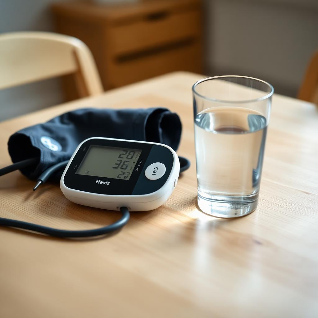 A home blood pressure monitor on a wooden table