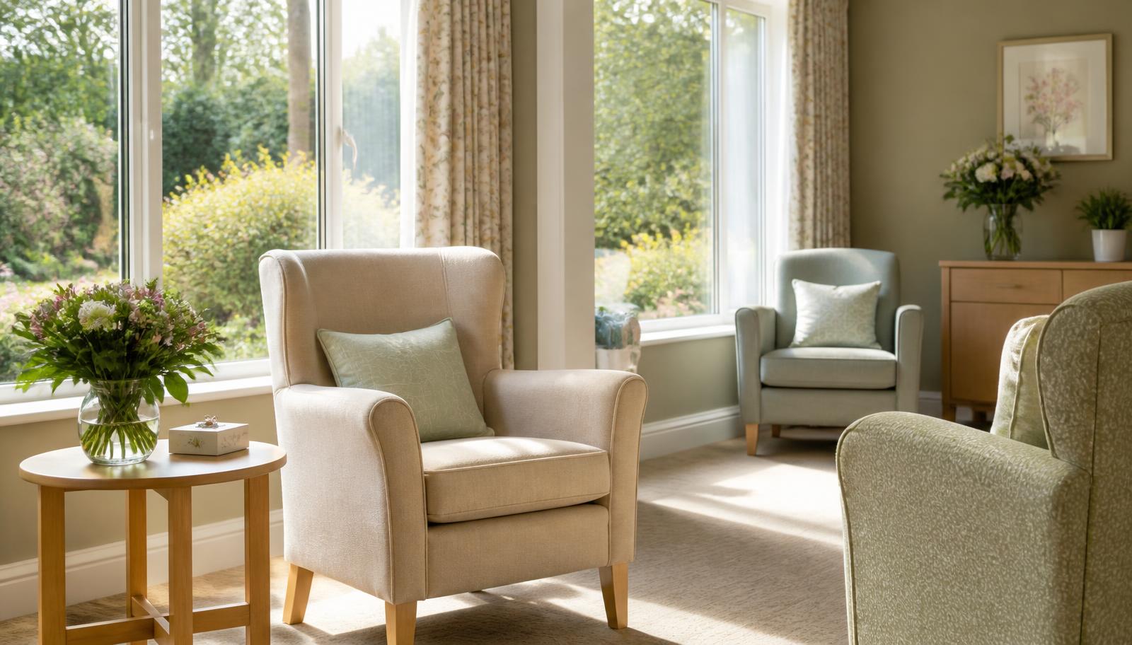A bright, peaceful sitting room with soft cream and sage armchairs, a small wooden side table holding a vase of fresh flowers, and large windows looking out onto a sunlit garden with green shrubs and flowering borders.