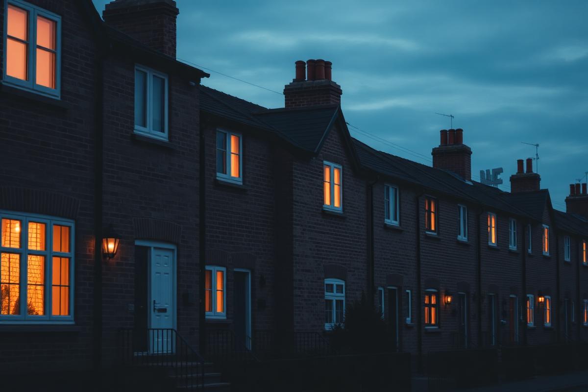 A row of British terraced houses at dusk with warmly lit windows