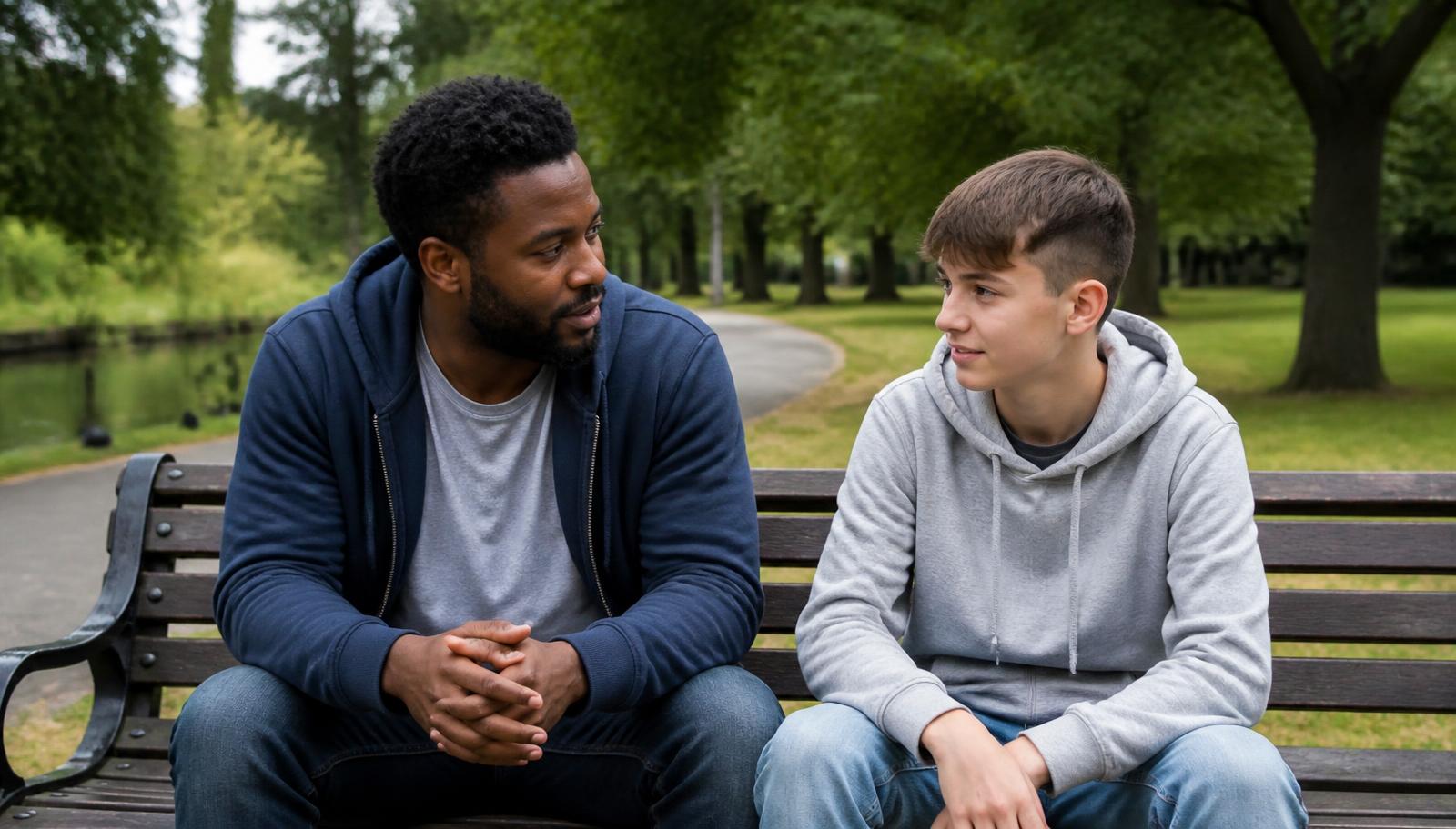 A youth worker and a teenager sitting together on a park bench in daylight, talking calmly.