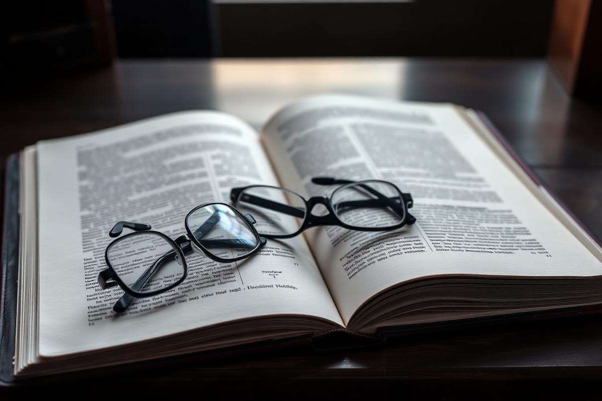 An open reference book with reading glasses on a dark wooden desk
