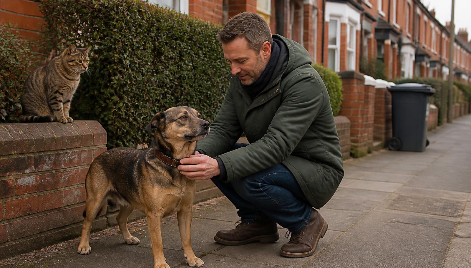 A person crouching on a British residential pavement, gently checking the plain collar of a calm dog, with a tabby cat sitting on a low brick wall nearby.