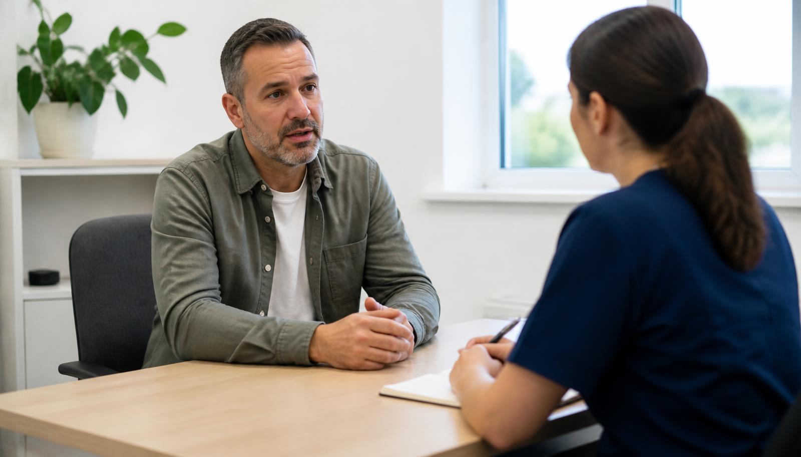 A man sitting at a desk in a bright clinic room, talking privately with a healthcare professional who is listening and taking notes