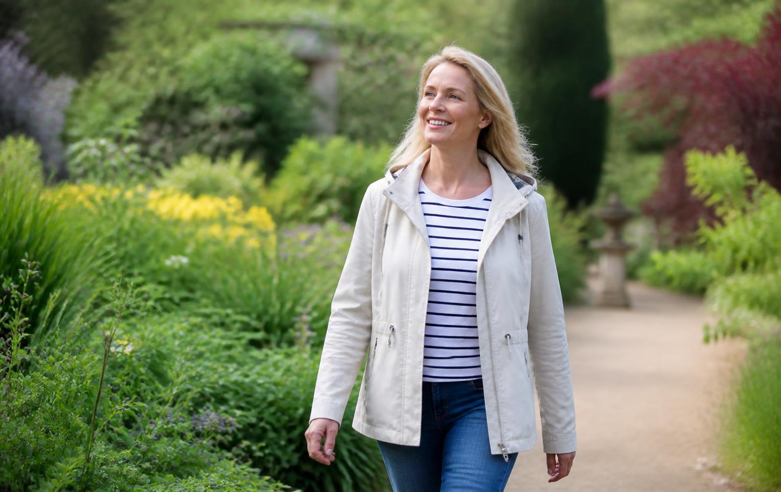 A woman walking along a path through a bright botanical garden on a sunny day