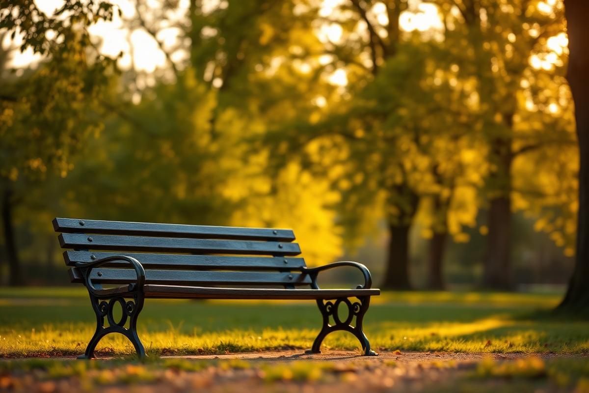 A quiet park bench under trees at golden hour
