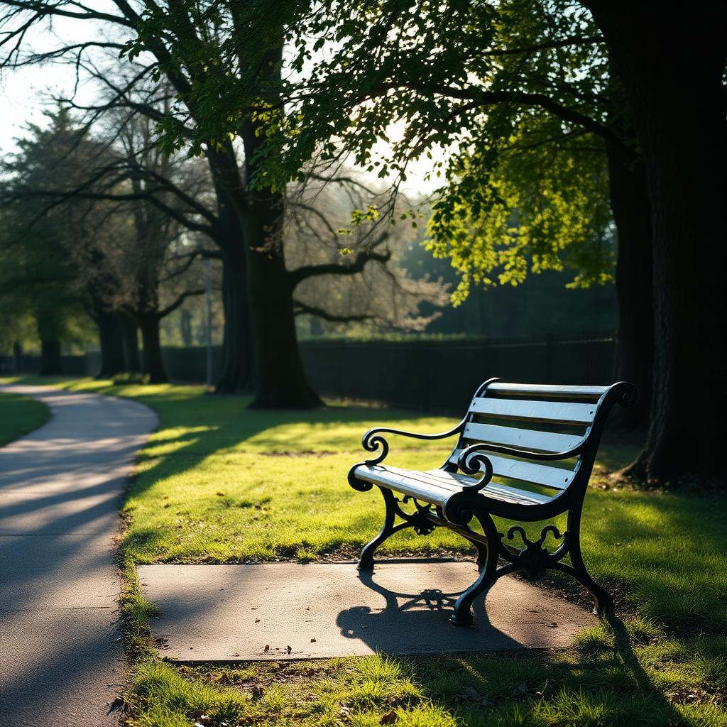 A quiet park bench in dappled morning light