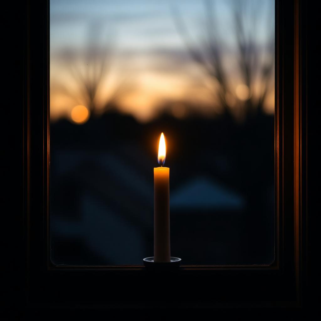 A single candle burning in a window at dusk