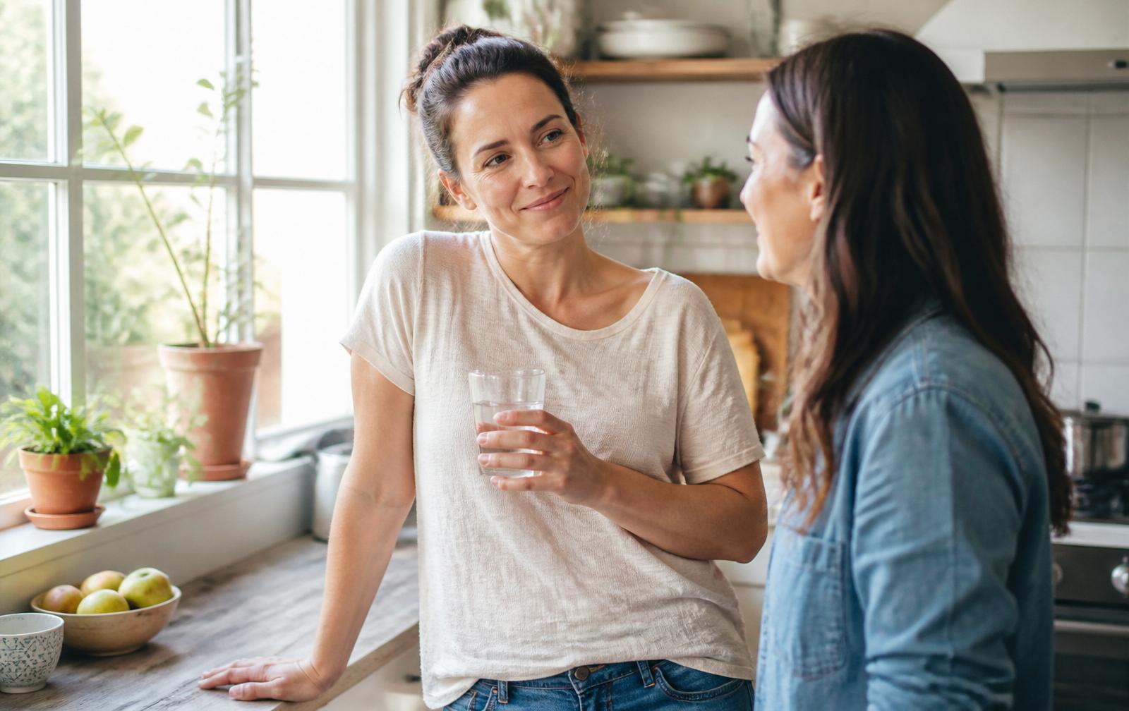 Two women talking warmly in a bright, sunlit home kitchen, one pausing for a moment with a glass of water
