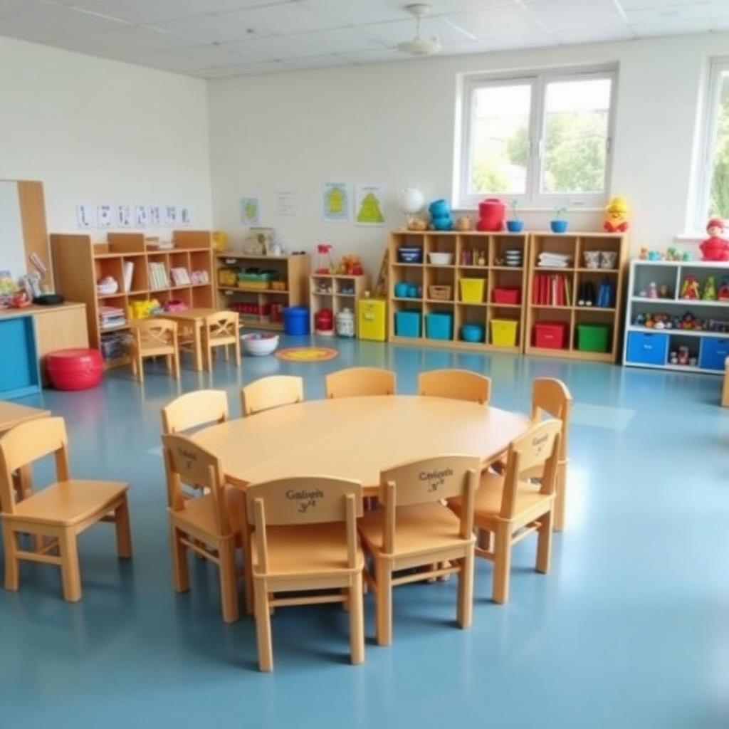 A bright nursery classroom with small wooden chairs and toys