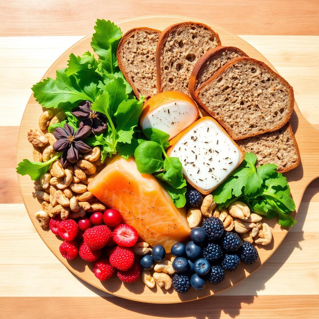 A colourful balanced meal on a wooden board