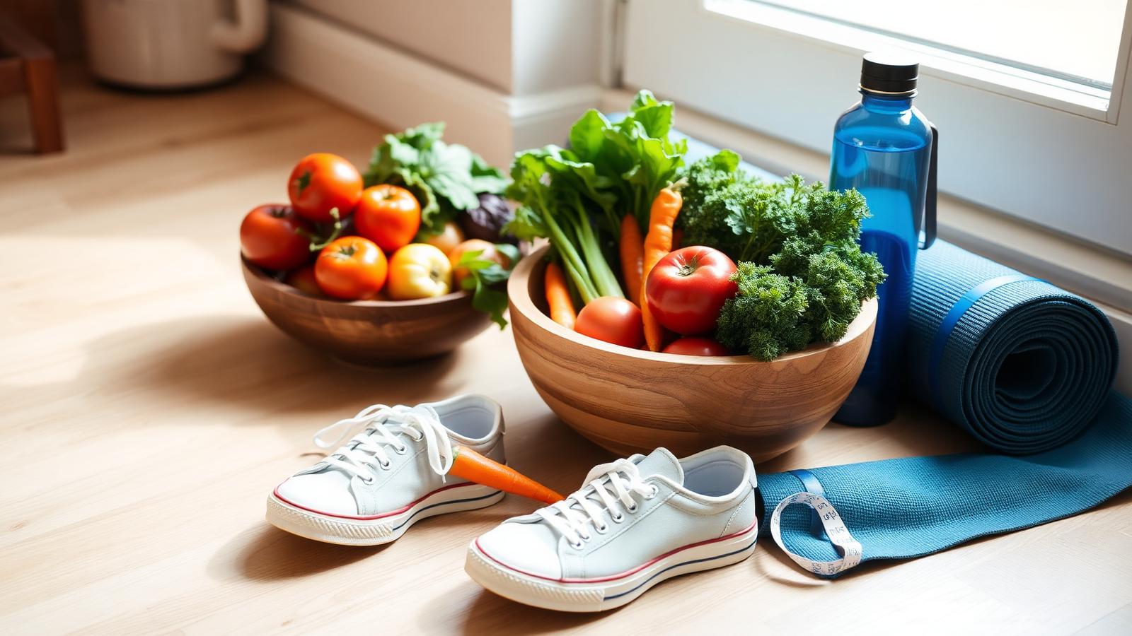 A wooden bowl of colourful fresh vegetables, clean walking trainers, a rolled yoga mat and a reusable water bottle in warm natural daylight