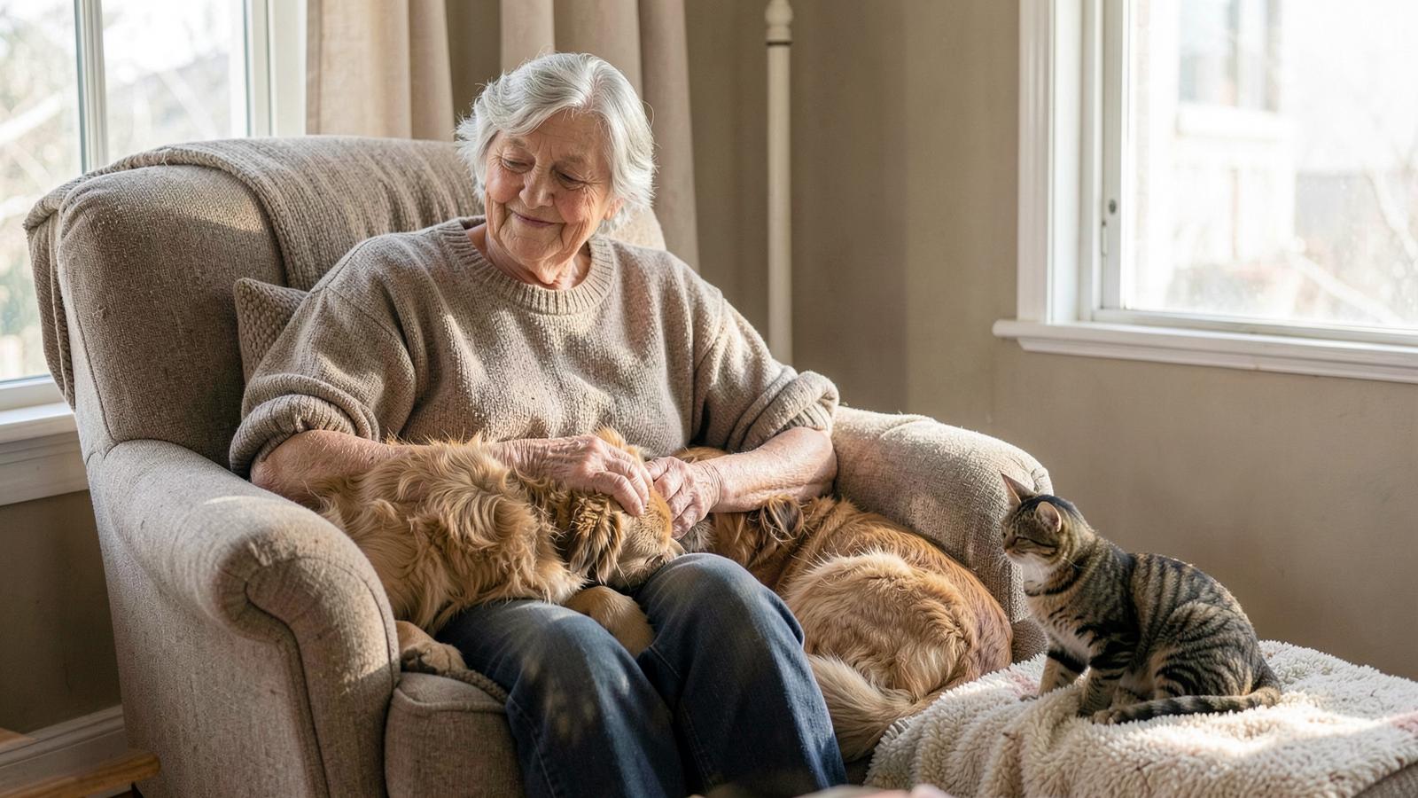 An older adult sitting in a sunlit living room armchair, gently stroking a calm dog resting beside them while a tabby cat sits nearby on a soft blanket.
