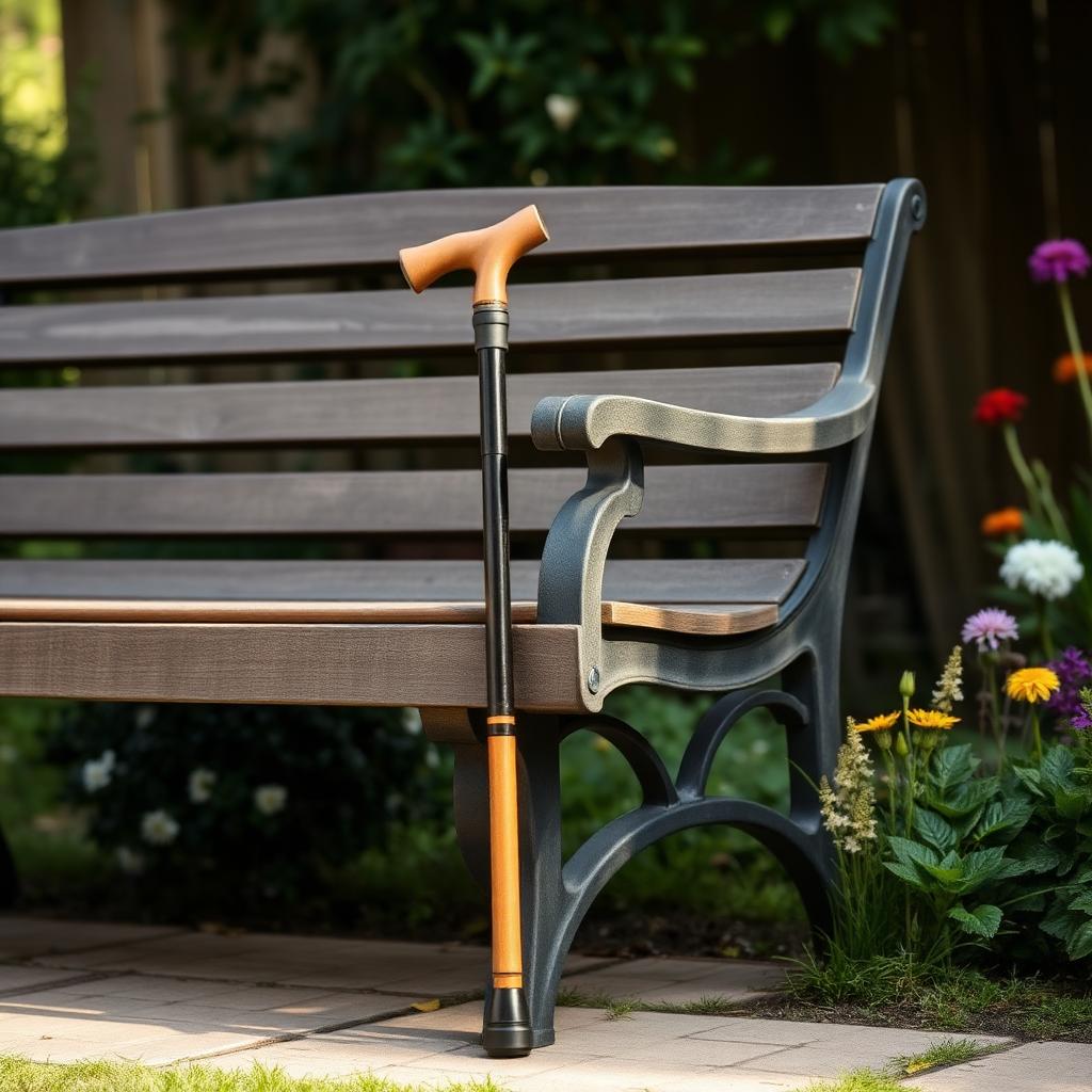 A walking cane resting against a garden bench