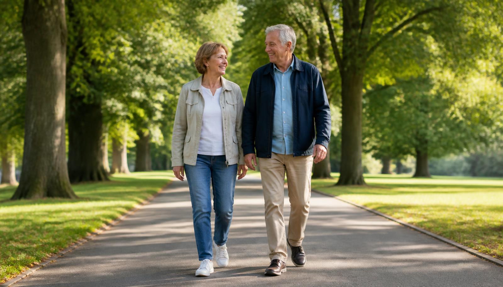 Two older adults walking along a bright park path to support an active and bone-healthy lifestyle.