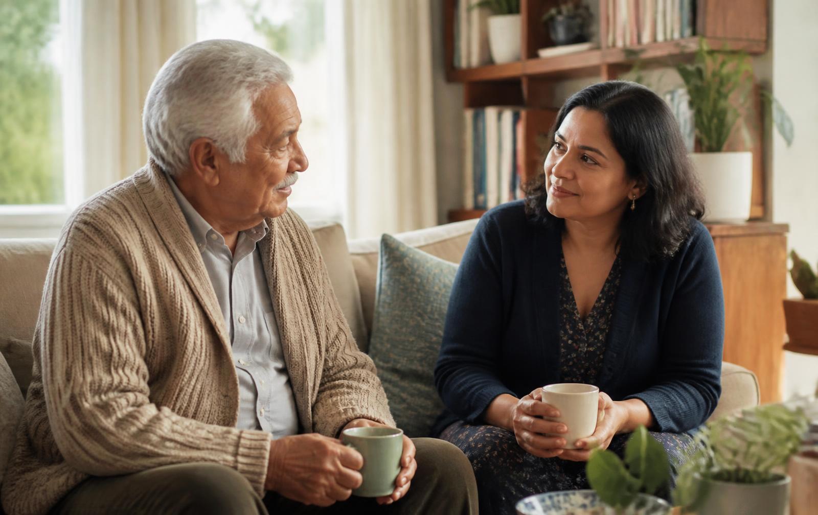 An older man and a younger woman sitting together on a sofa in a bright living room, talking warmly over cups of tea