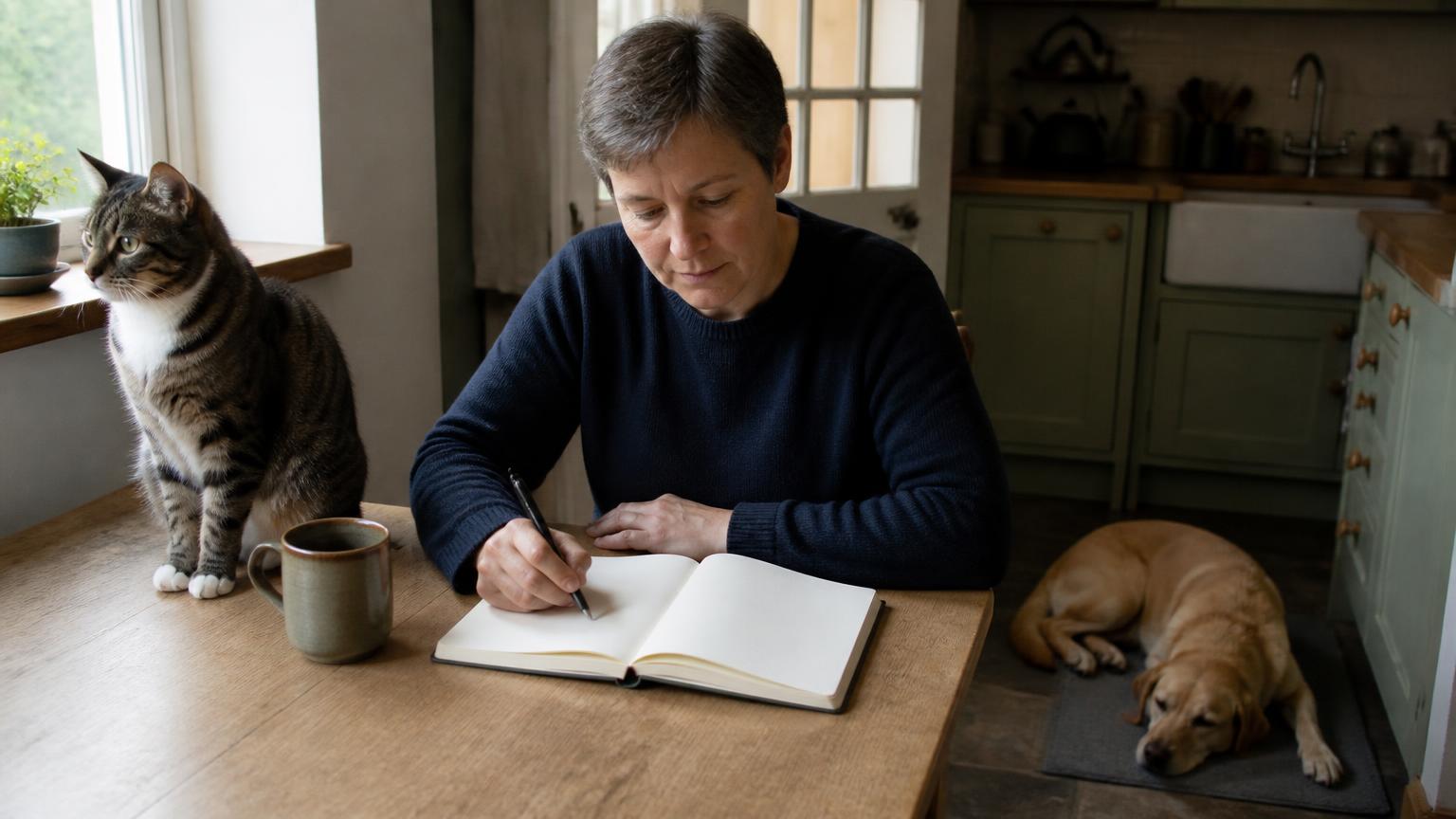 An adult sitting at a kitchen table writing in a blank notebook, with a cat sitting beside them on the table and a dog resting on the floor nearby.