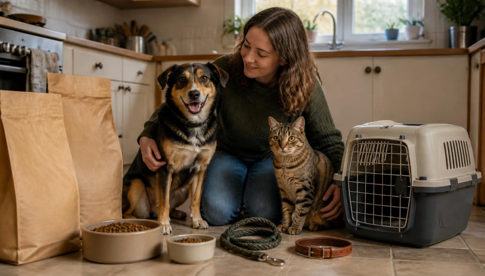 A pet owner kneeling on a kitchen floor beside a dog and a cat, with plain bags of pet food, bowls, a lead, a collar and a pet carrier.